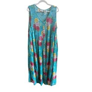 Vintage Koret Francisca Plus Size 22W Sleeveless Turquoise Floral Tropical Dress